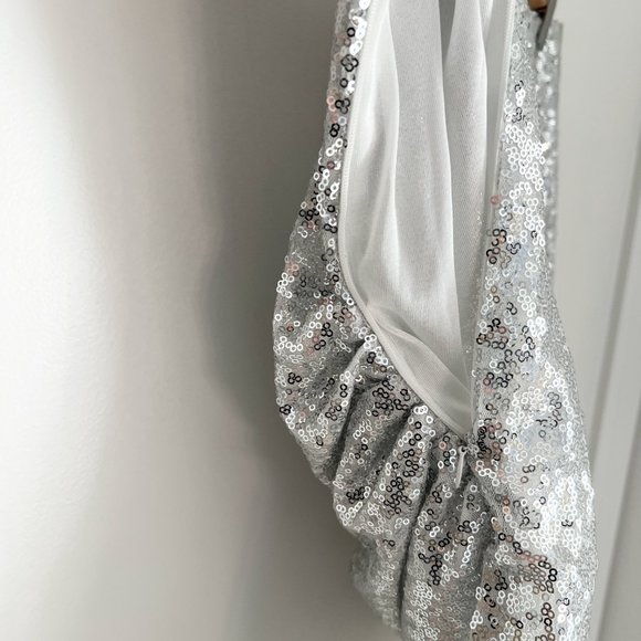 Ruched Tulip Hem Sequin Mini Skirt Silver Size Medium - Picture 10 of 11